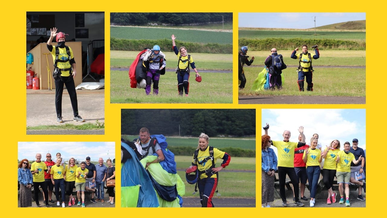 Agenor employees doing the skydive to raise money for Vocal, all wearing "I support carers" t-shirts.