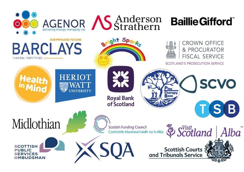 Logos of companies in our employer support network: Agenor, Anderson Strathern, Baillie Gifford, Barclays funeral directors, Bright Sparks, the Crown Office and Procurator Fiscal Service, Health in Mind, Heriot Watt University, Royal Bank of Scotland, Play Therapy Base, SCVO, Midlothian Council, Scottish Funding Council, Visit Scotland, Scottish Public Services Ombudsman, SQA, Scottish Courts and Tribunals service, TSB.
