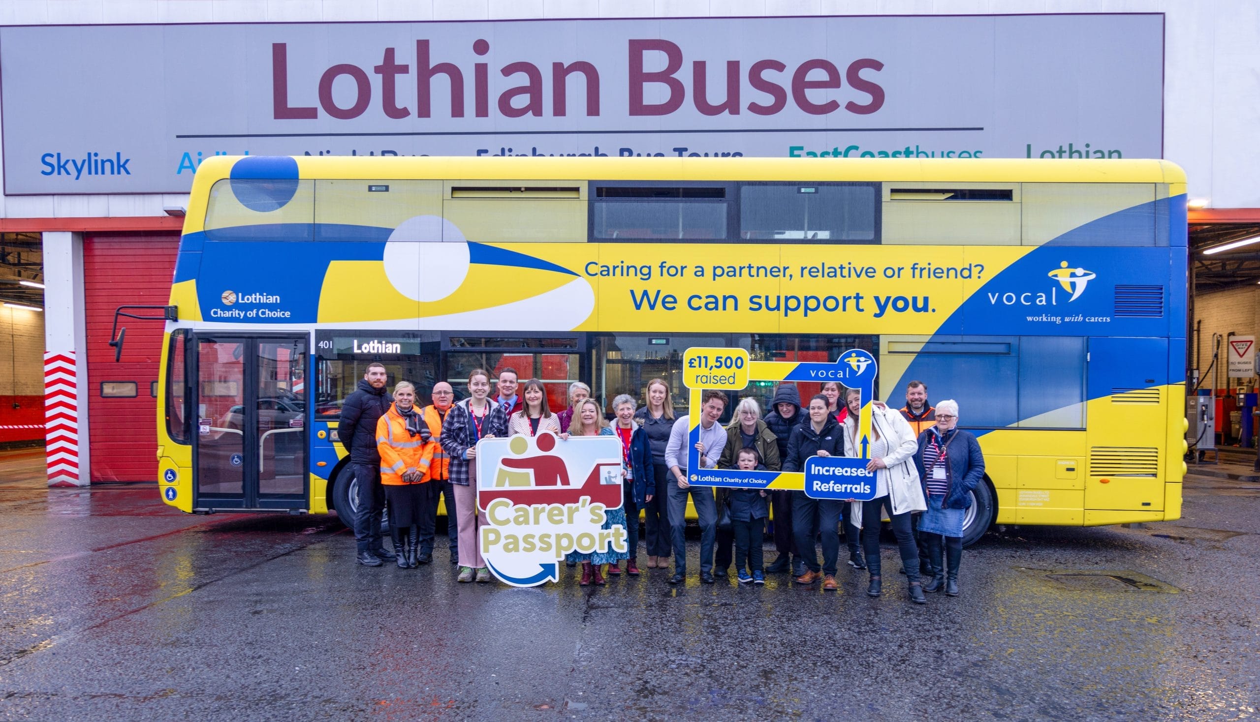 Colleagues from Lothian Buses and Vocal, as well as some carers and volunteers, at Lothian’s Central Depot with Gus the bus.